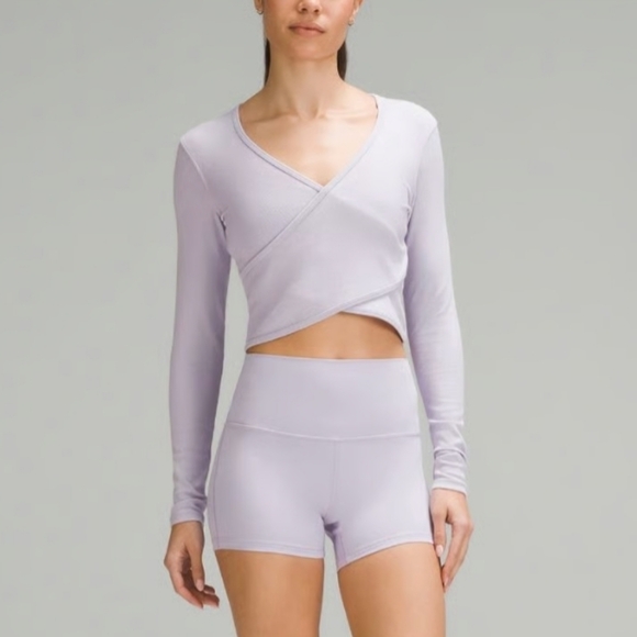 lululemon athletica Tops - Lululemon Wrap-Front Ribbed Long-Sleeve Top, Size 2, Lilac Ether, NWOT